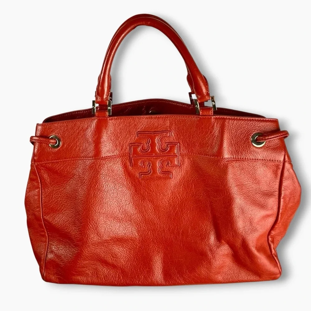 Tory Burch Stacked-T Orange Red Handbag Hobo Bag Pebbled Leather Gold Large